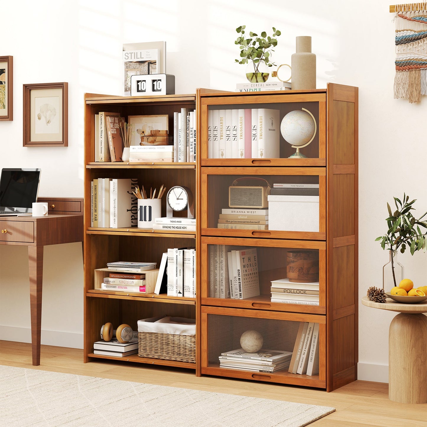 4-Tier Bamboo Bookcase with Doors for Study Room Living Room