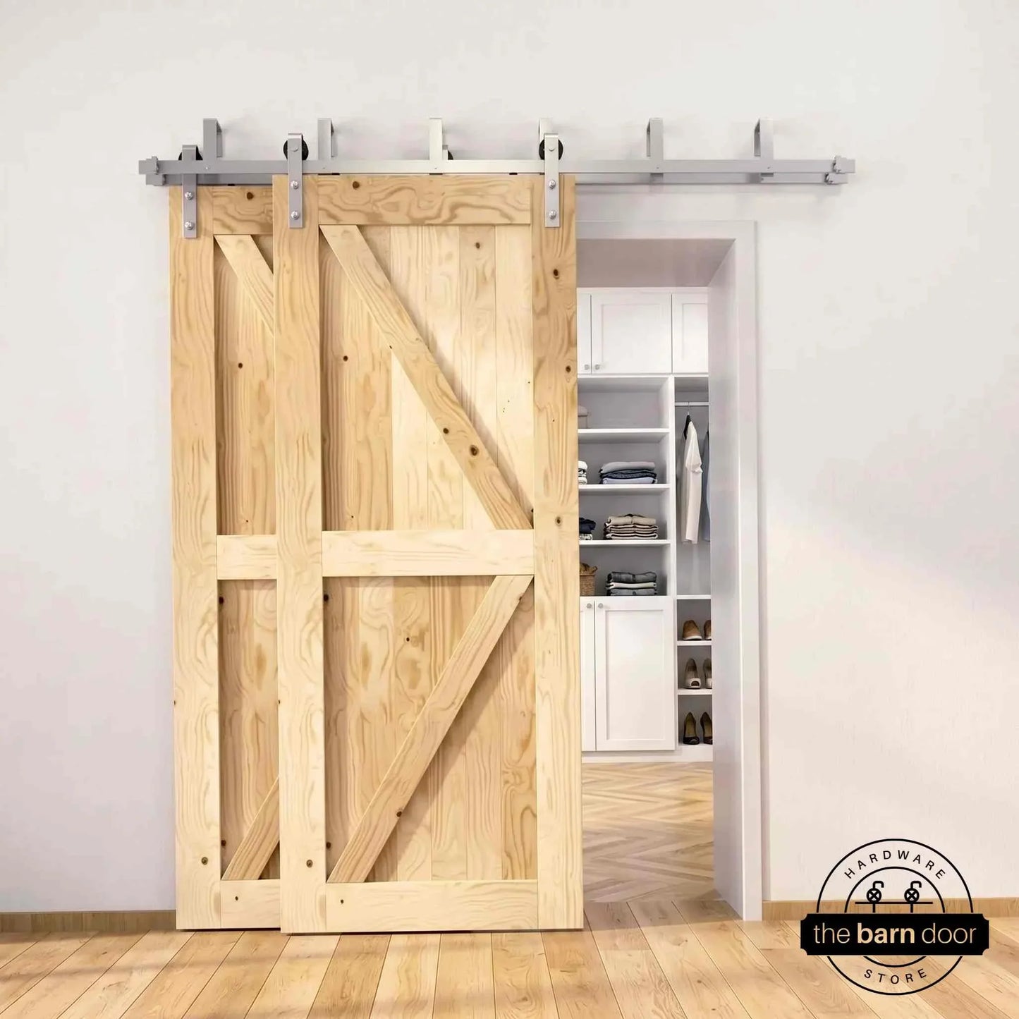 Classic Double Bypass 2 Door Barn Door Kit | Brushed Nickel Hardware