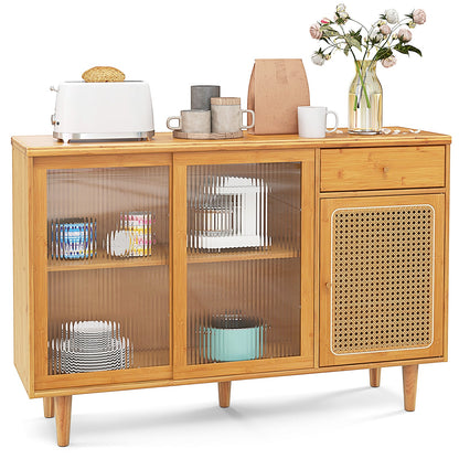 Modern Bamboo Buffet Sideboard Cabinet with Tempered Glass Sliding Doors-Natural