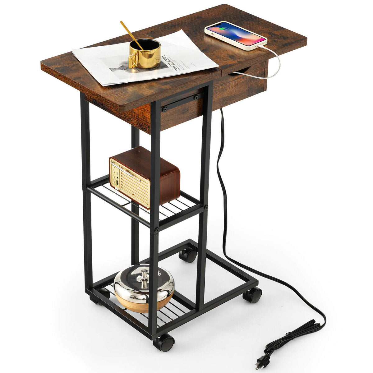C-Shaped End Side Table with Charging Station and Wheels-Rustic Brown