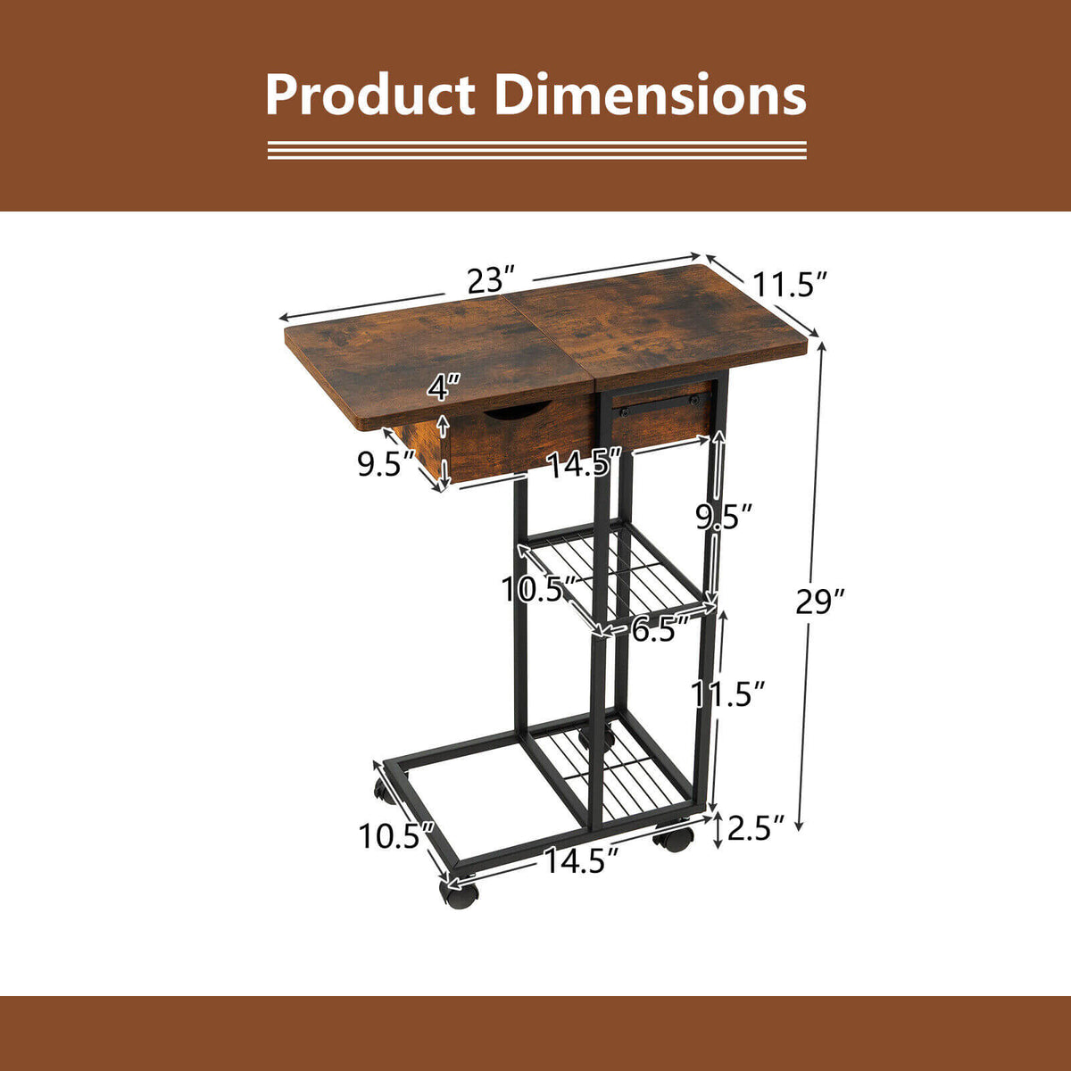 C-Shaped End Side Table with Charging Station and Wheels-Rustic Brown