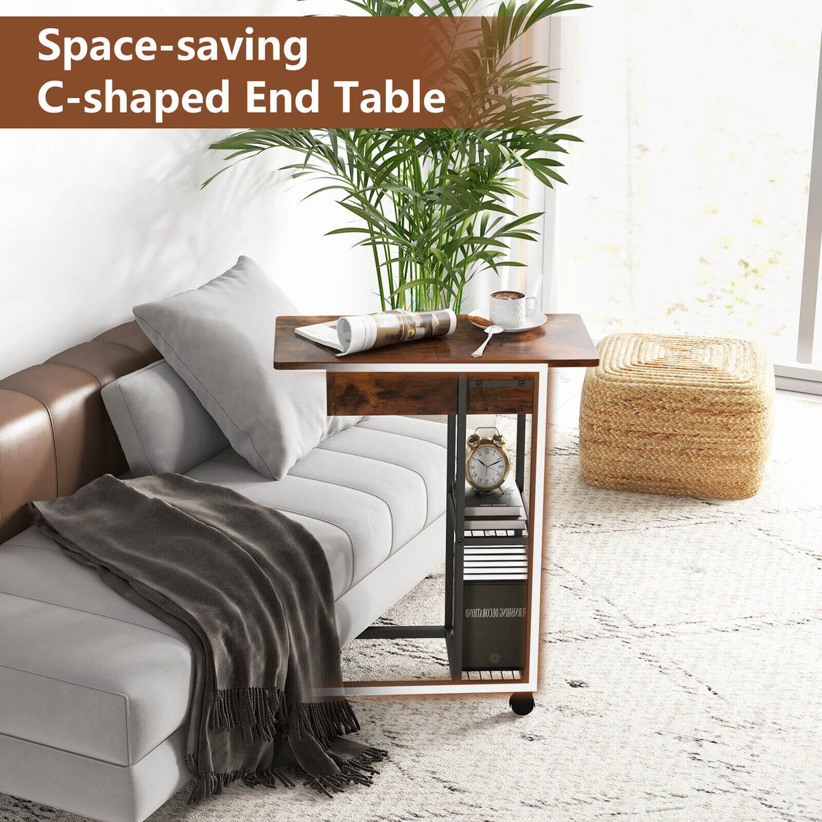 C-Shaped End Side Table with Charging Station and Wheels-Rustic Brown