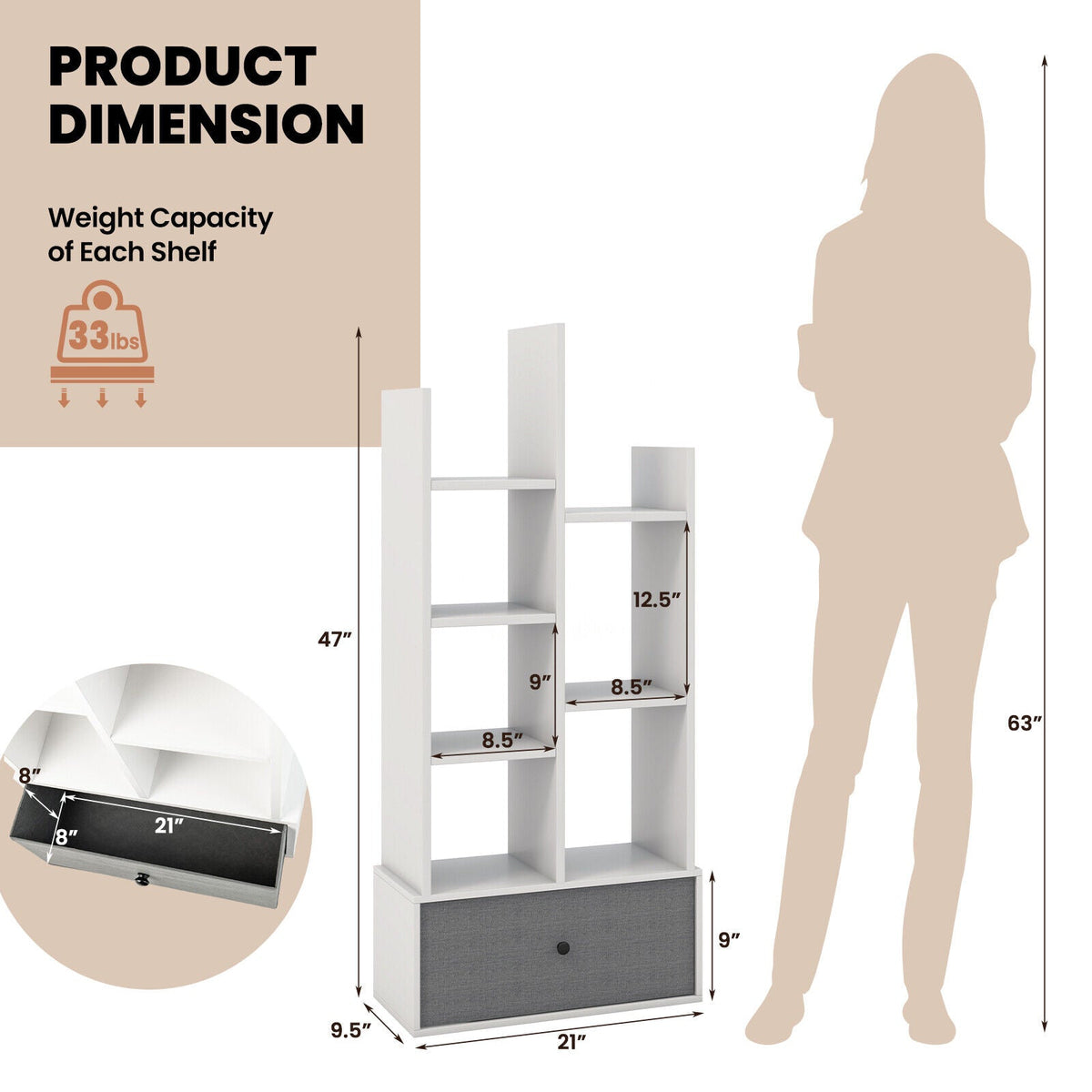 7-Tier Open-Back Bookshelf with Drawer