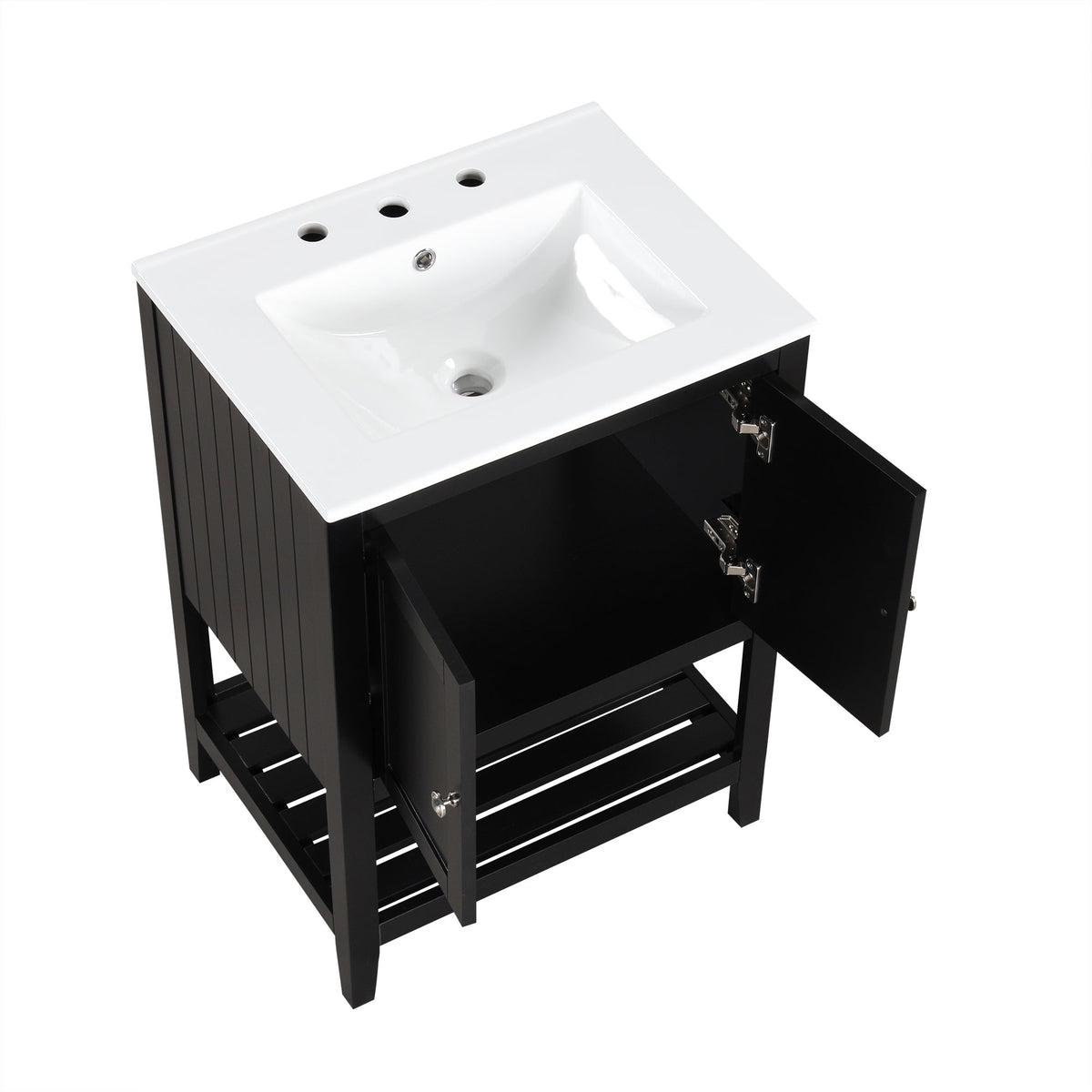 24" Black Modern Sleek Bathroom Vanity Elegant Ceramic Sink with Solid Wood Frame Open Style Shelf