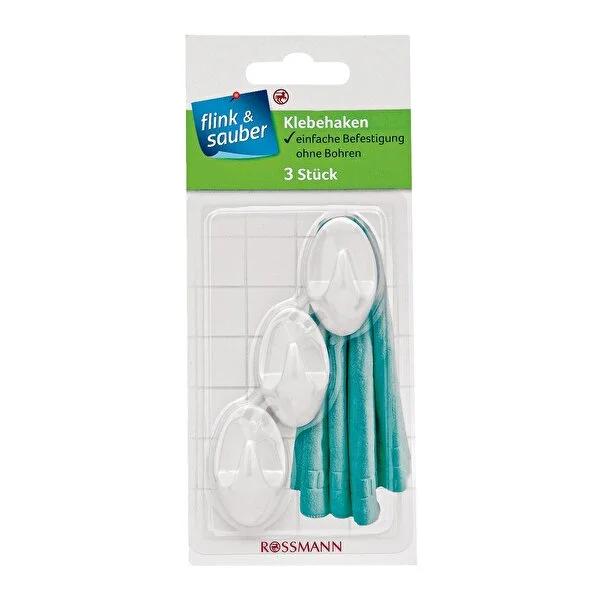 Flink & Sauber Adhesive Hooks - Damage-Free Wall Hooks, Easy Install, Strong Hold - 3 Pack, White