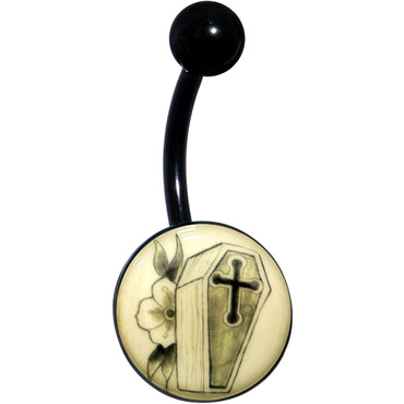 Black Titanium Coffin and Flower Glow in the Dark Belly Ring