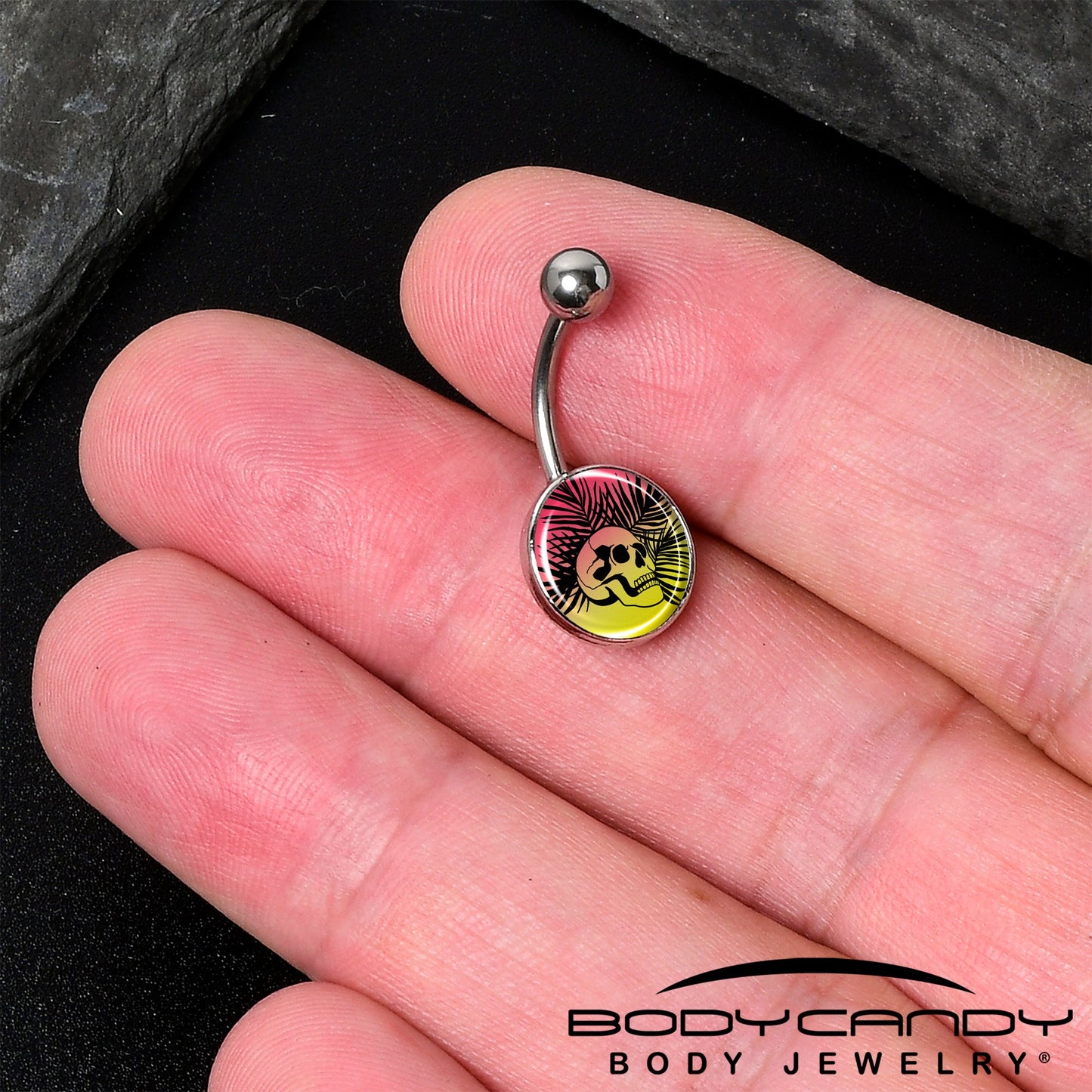 Red Haze Sunset Skull and Palms Belly Ring by Onyx O