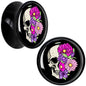 Floral Flowers Skull Black Acrylic Saddle Plug Set 8mm to 20mm by Onyx O