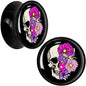 Floral Flowers Skull Black Acrylic Saddle Plug Set 8mm to 20mm by Onyx O