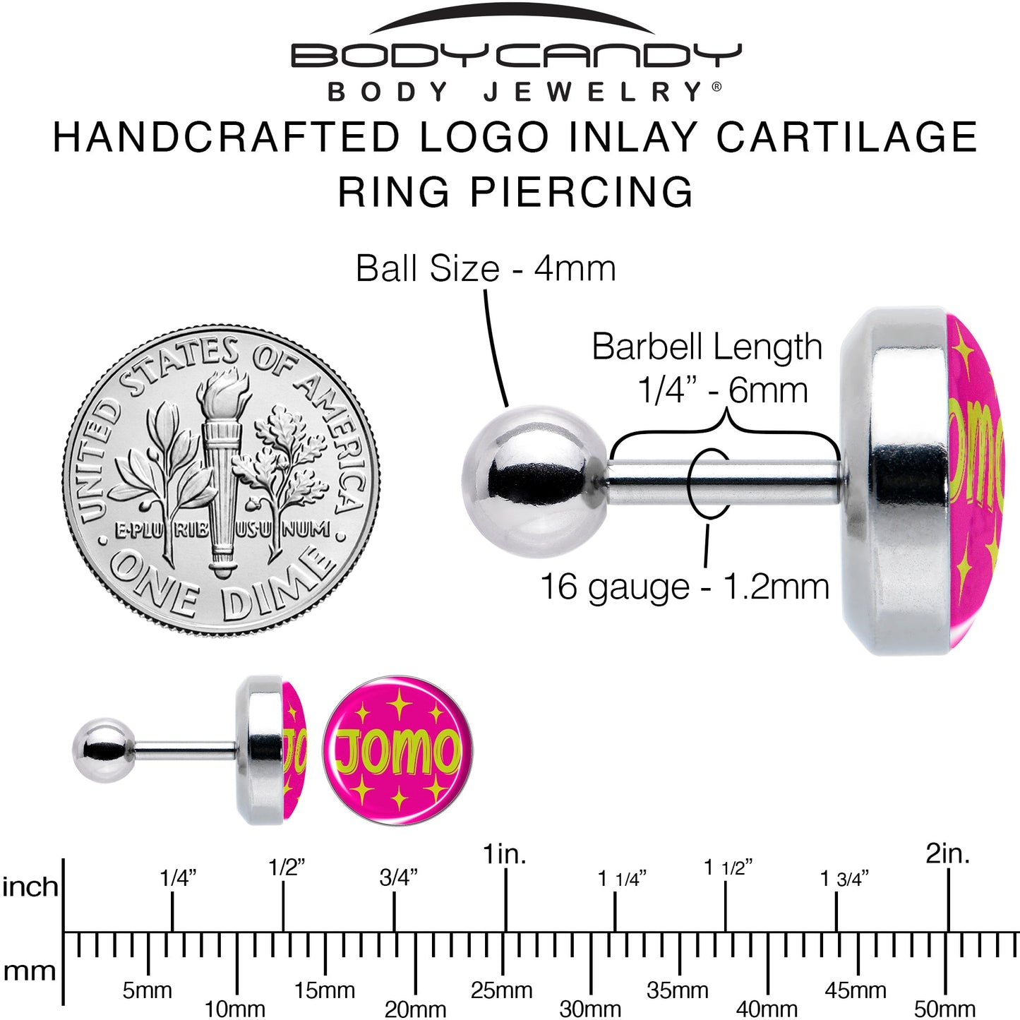 16G 1/4 Pink JOMO Tragus Cartilage Earring by Onyx O