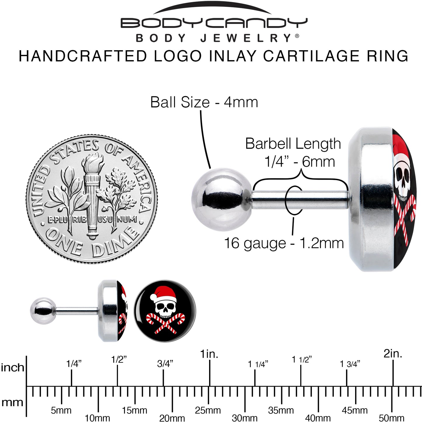 16G 1/4 Santa Pirate Candy Cane Tragus Cartilage Earring by Onyx O