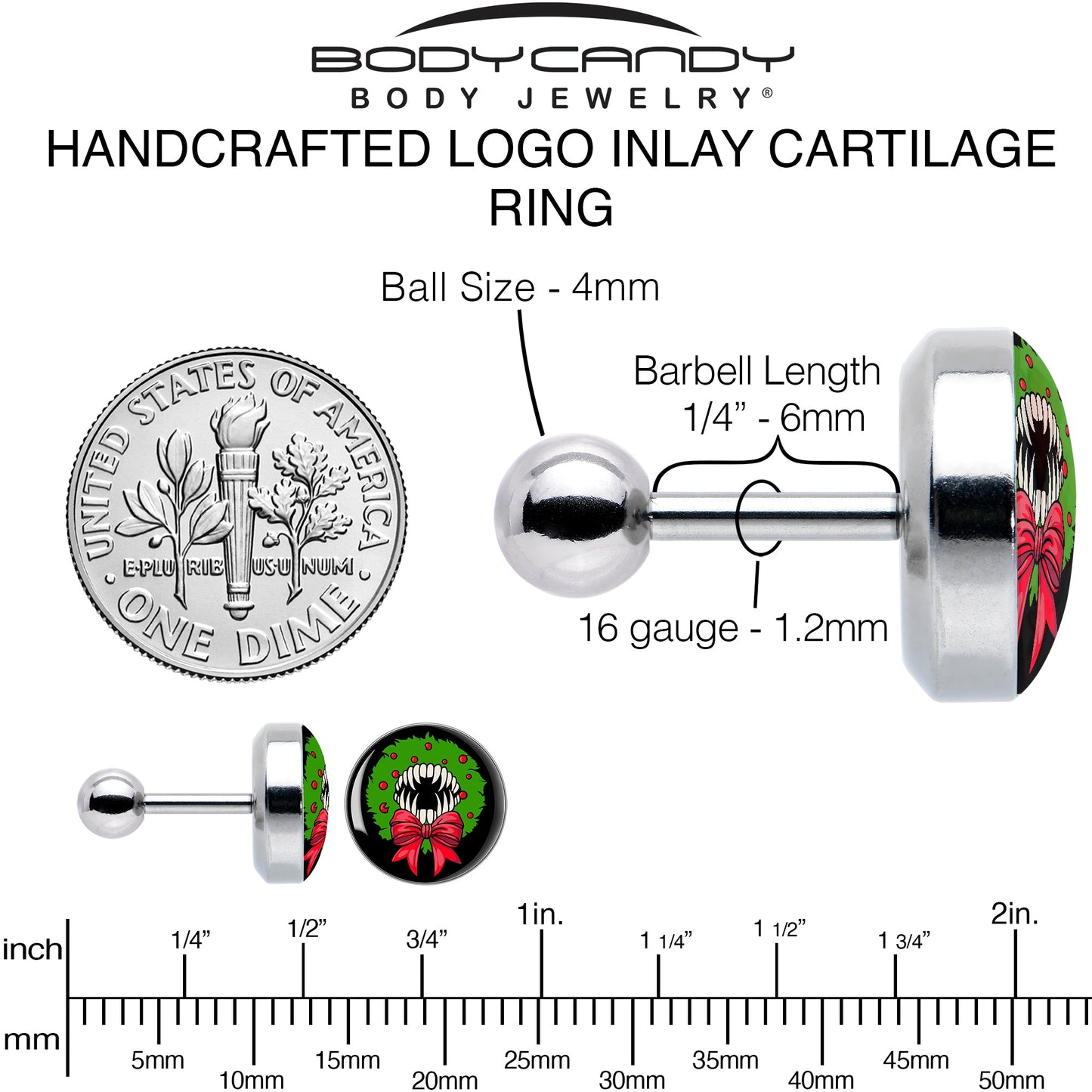 16G 1/4 Holiday Vampire Wreath Tragus Cartilage Earring by Onyx O