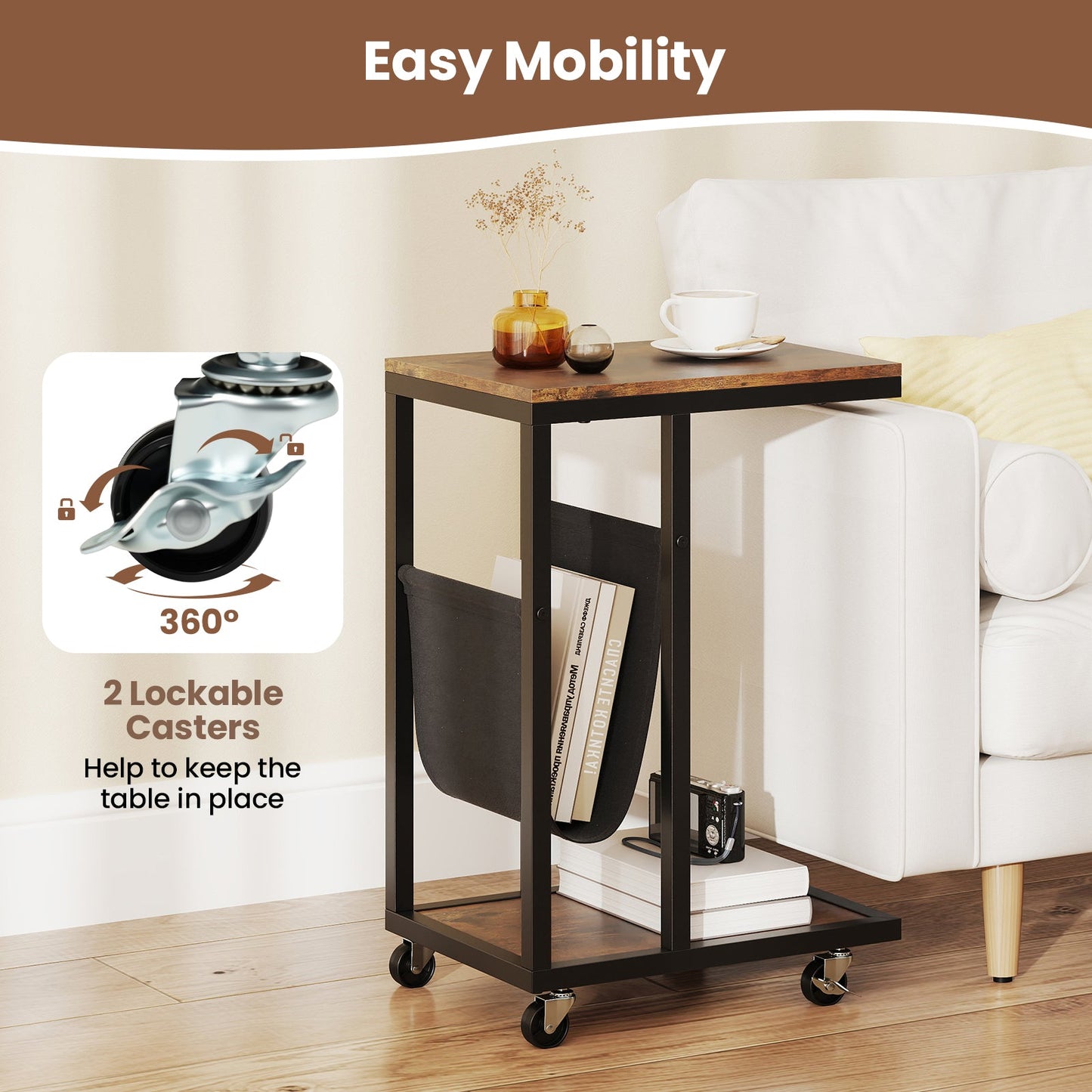C-shaped Side Table with Canvas Storage Pouch and Metal Frame-Borwn