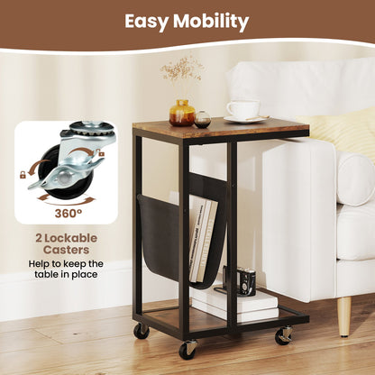 C-shaped Side Table with Canvas Storage Pouch and Metal Frame-Borwn
