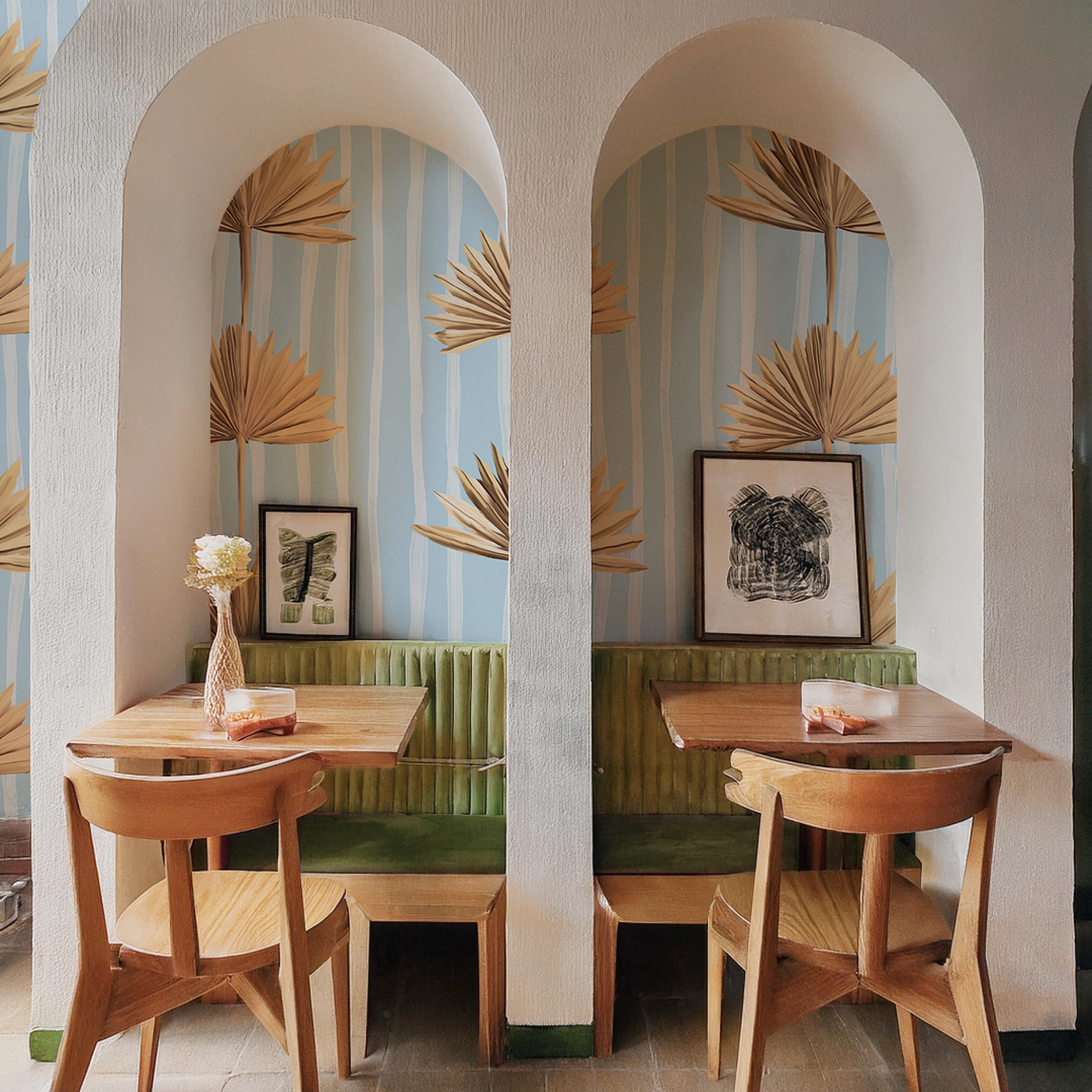 Stripey Palm Wallpaper, light blue and tan