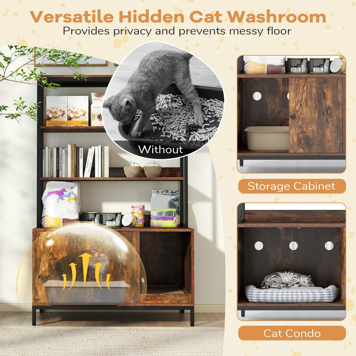 57 Inches Cat Litter Box Enclosure with Storage and Removable Scratcher