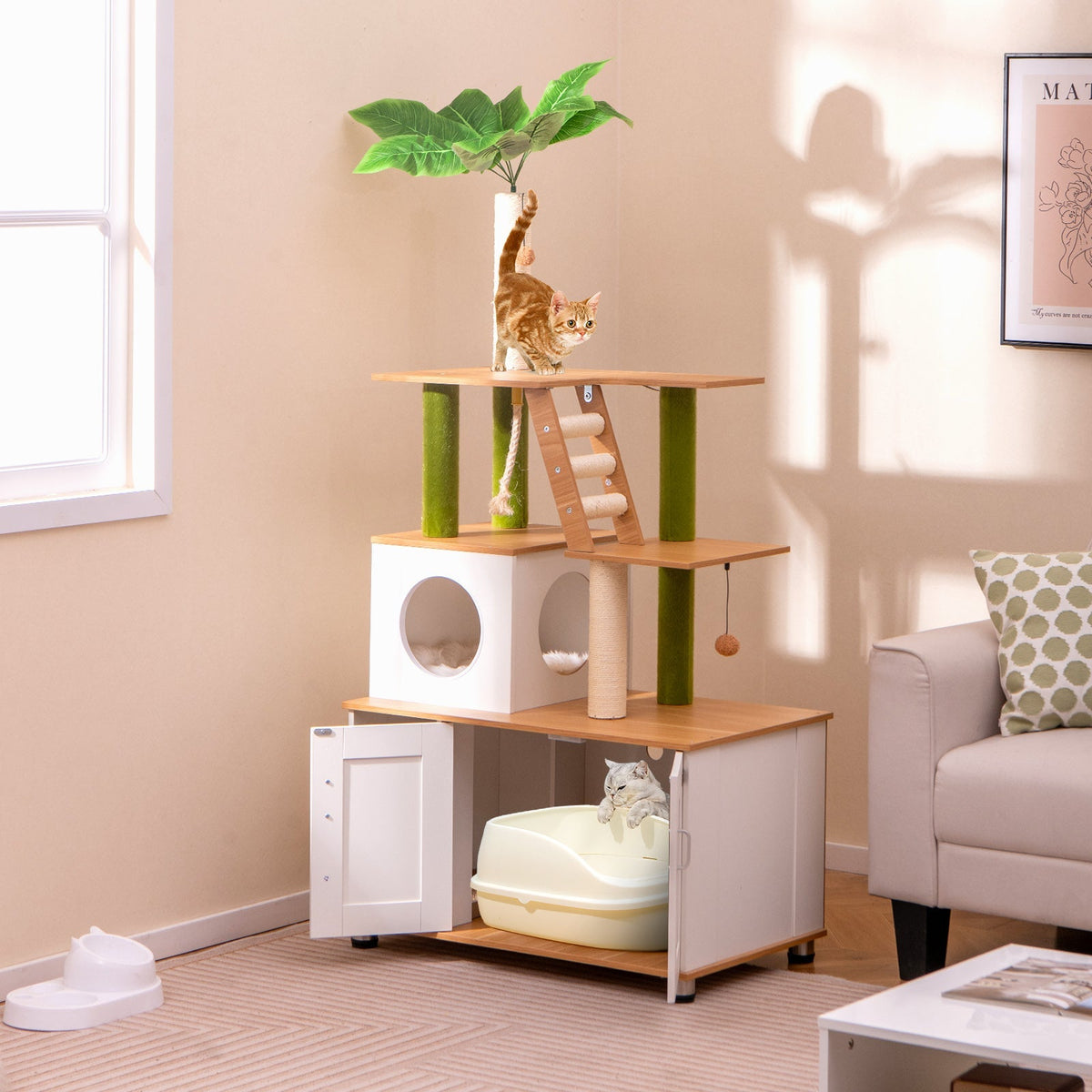 Hidden Cat Washroom with Cat Tower for Indoor Cats-White