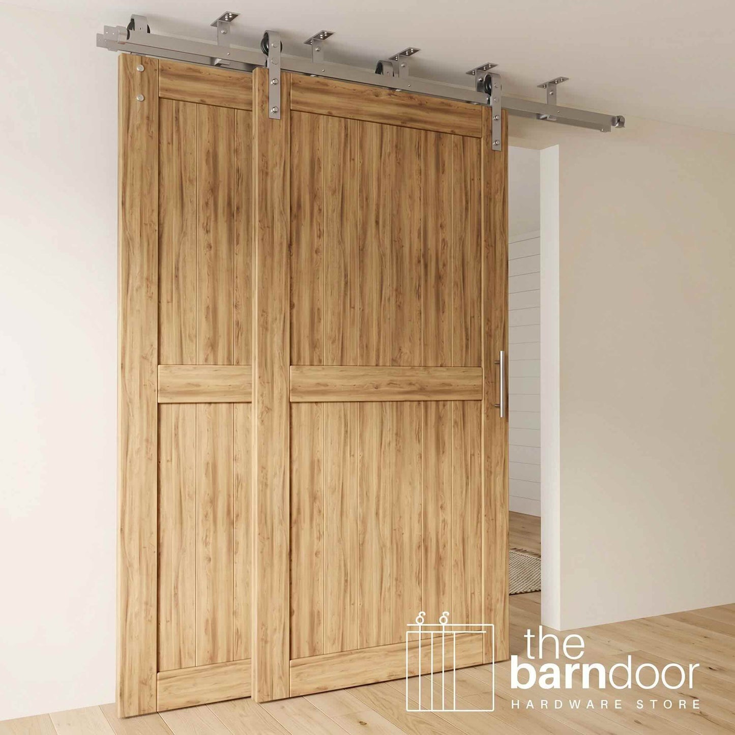 Double Bypass Ceiling Mounted Barn Door Hardware Kit | Brushed Nickel