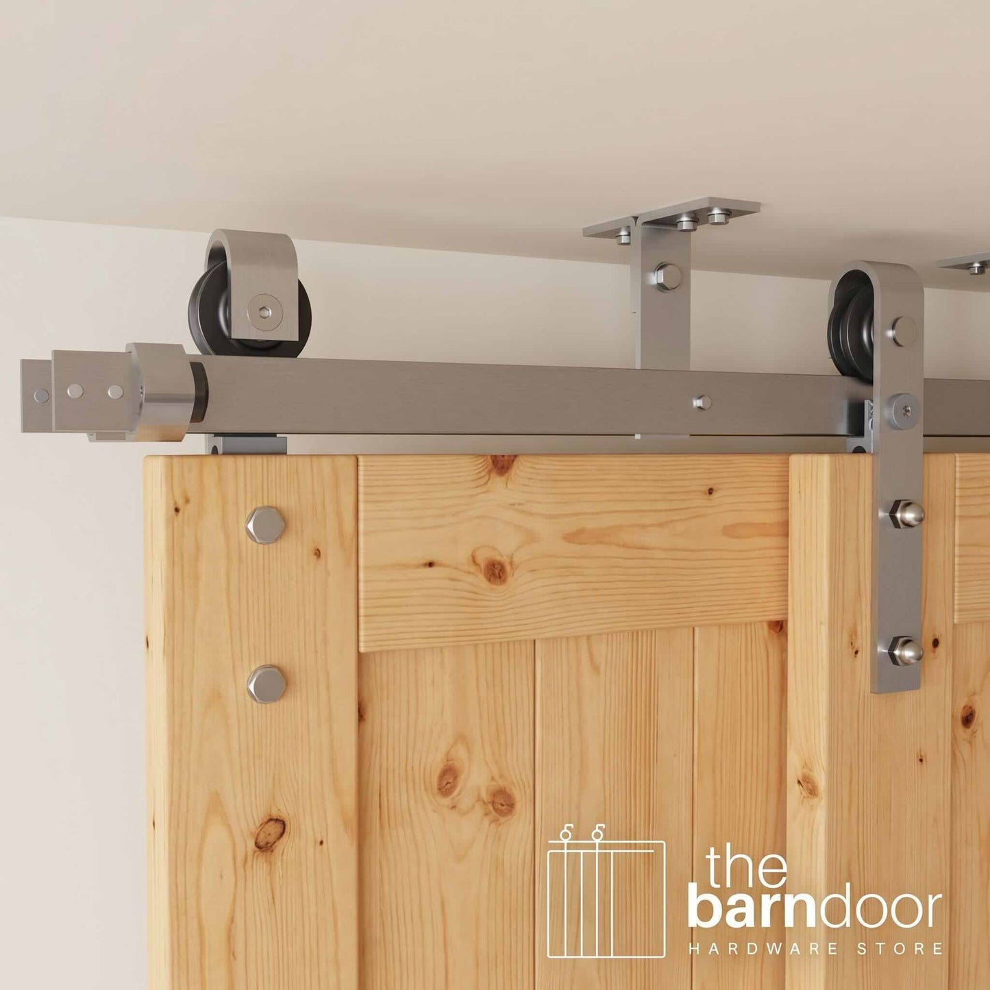 Double Bypass Ceiling Mounted Barn Door Hardware Kit | Brushed Nickel