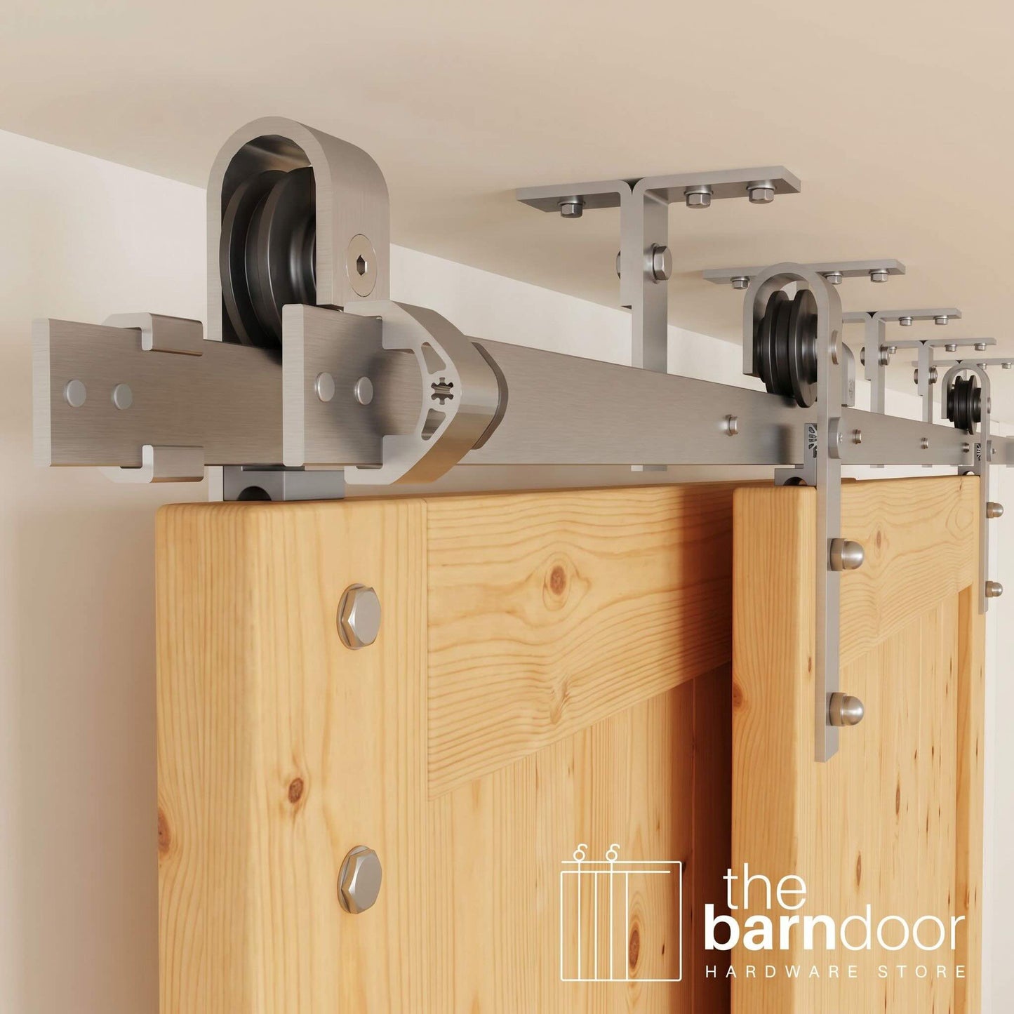 Double Bypass Ceiling Mounted Barn Door Hardware Kit | Brushed Nickel