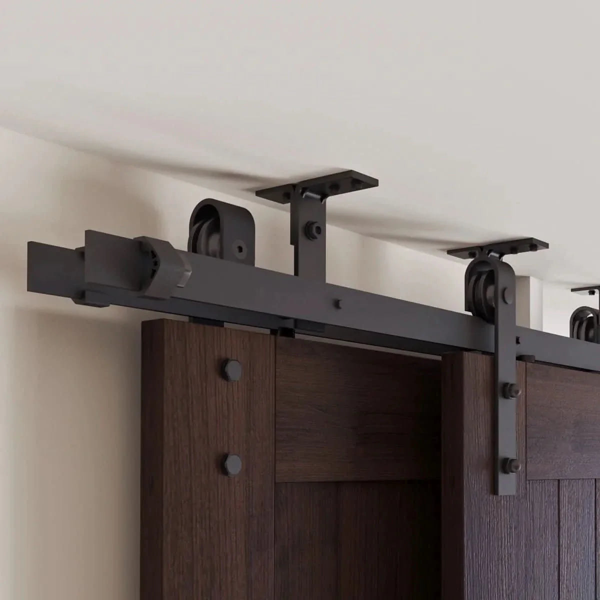 Double Bypass Ceiling Mounted Barn Door Hardware Kit | Matte Black