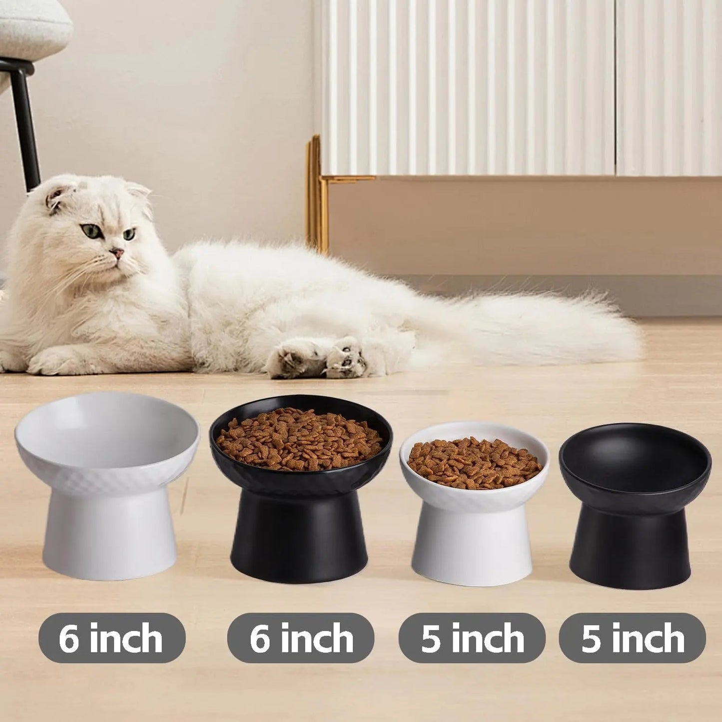 Ceramic Raised Tilted Cat Bowls Set of 2, Elevated Porcelain Feeder