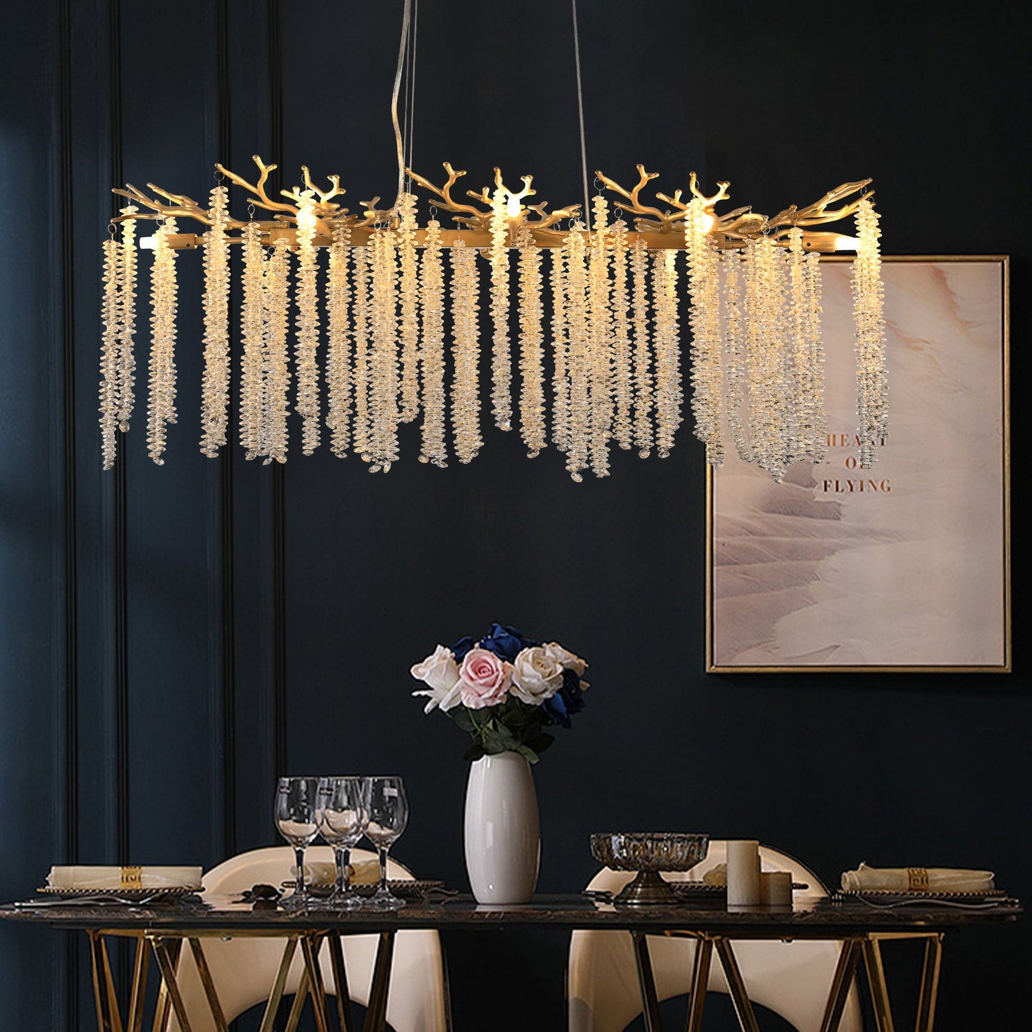 Crystal Waterfall Chandelier | 8-Light Gold Modern Ceiling Light with Cascading Crystal Strands — 24" or 39", Living Room, Dining Room & Foyer