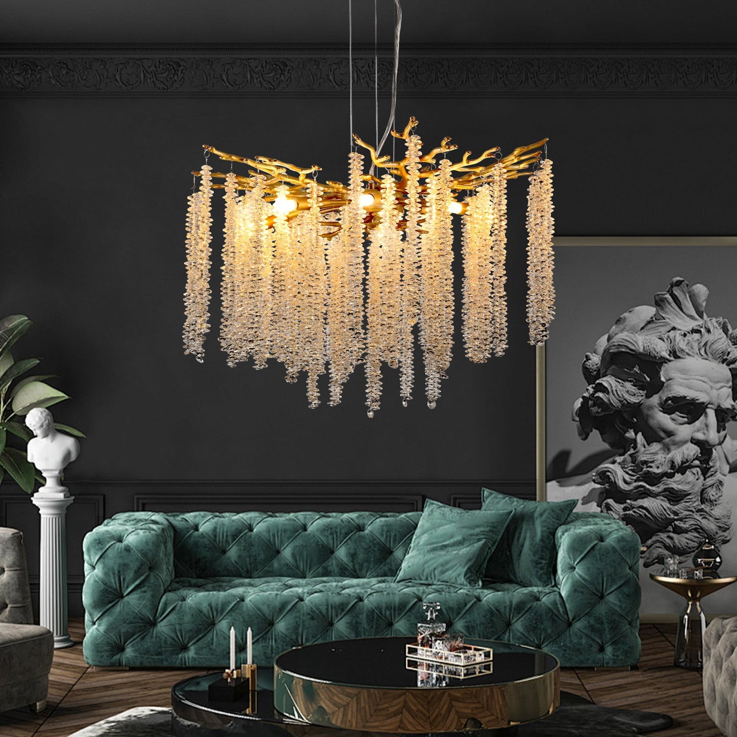 Crystal Waterfall Chandelier | 8-Light Gold Modern Ceiling Light with Cascading Crystal Strands — 24" or 39", Living Room, Dining Room & Foyer