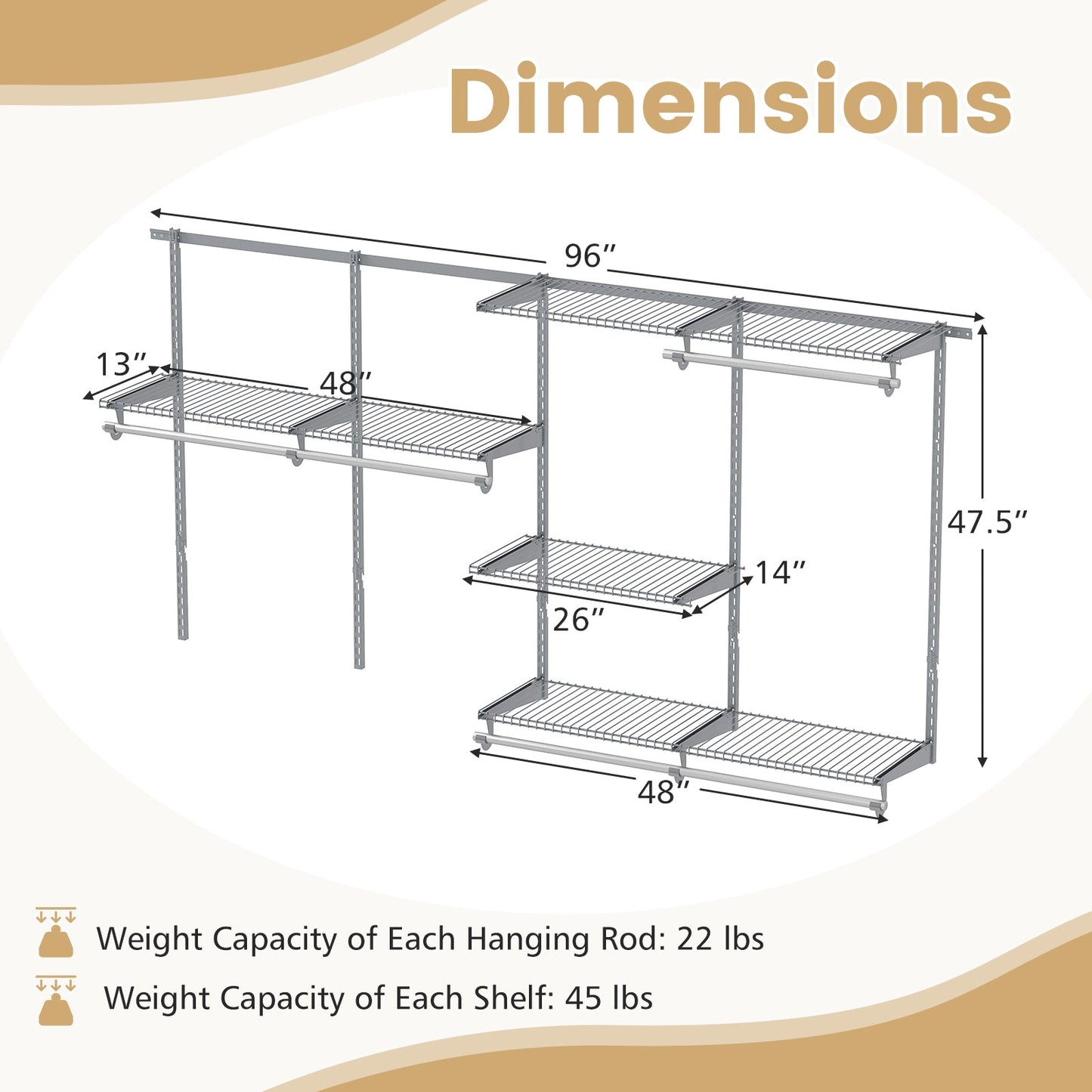 Closet System 4-8 FT Wall-Mounted Closet Shelves and Rod