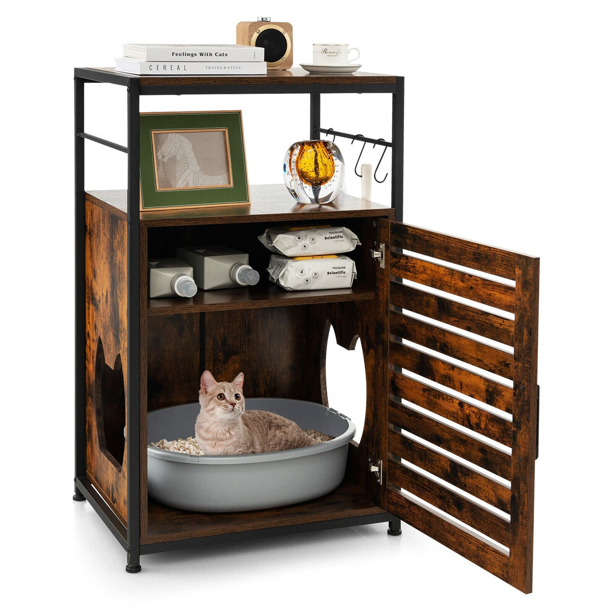 Cat Litter Box Enclosure with Louvered Door and 3-Tier Shelf