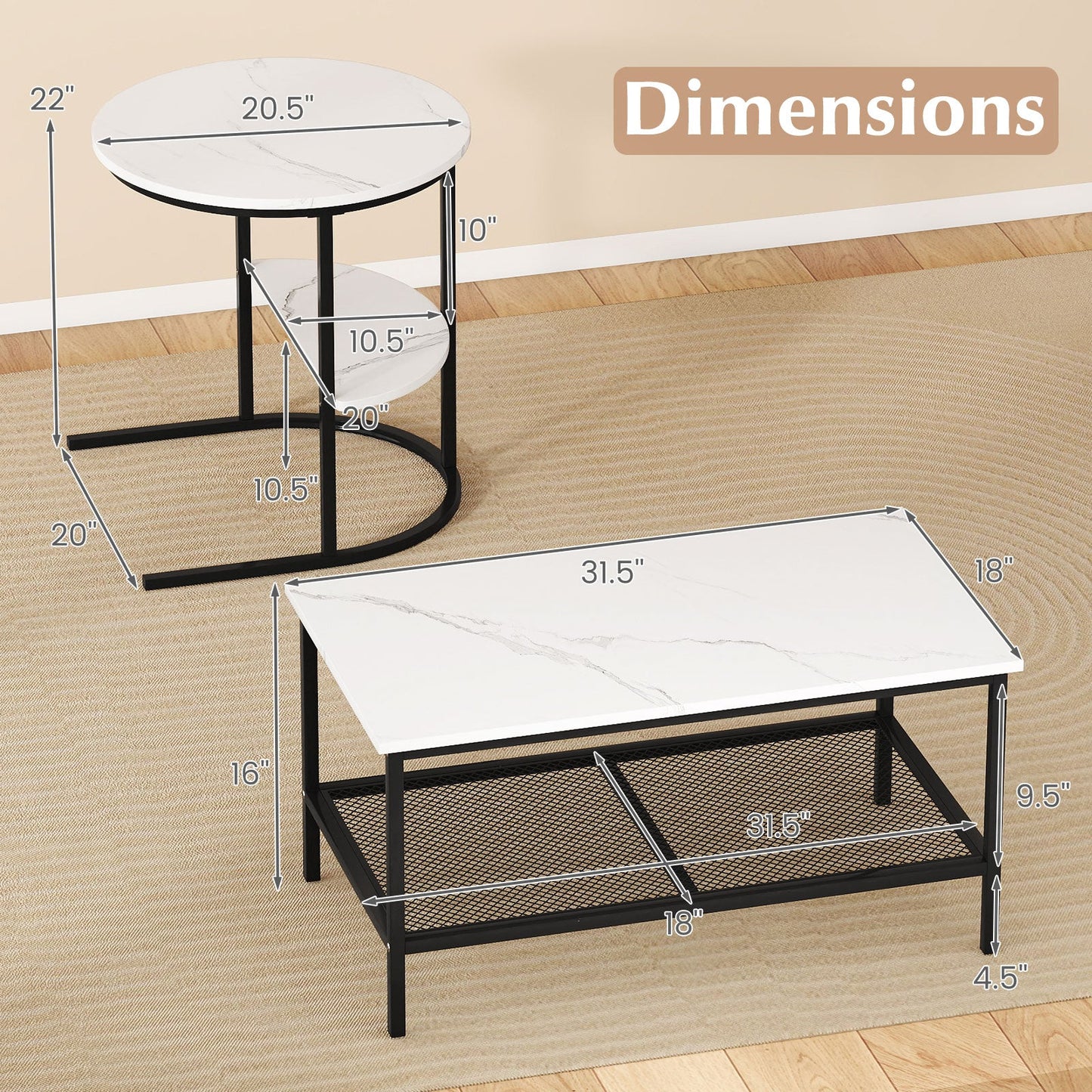Coffee Table 2-Tier Rectangle Coffee Table and Side End Table with Storage Shelves