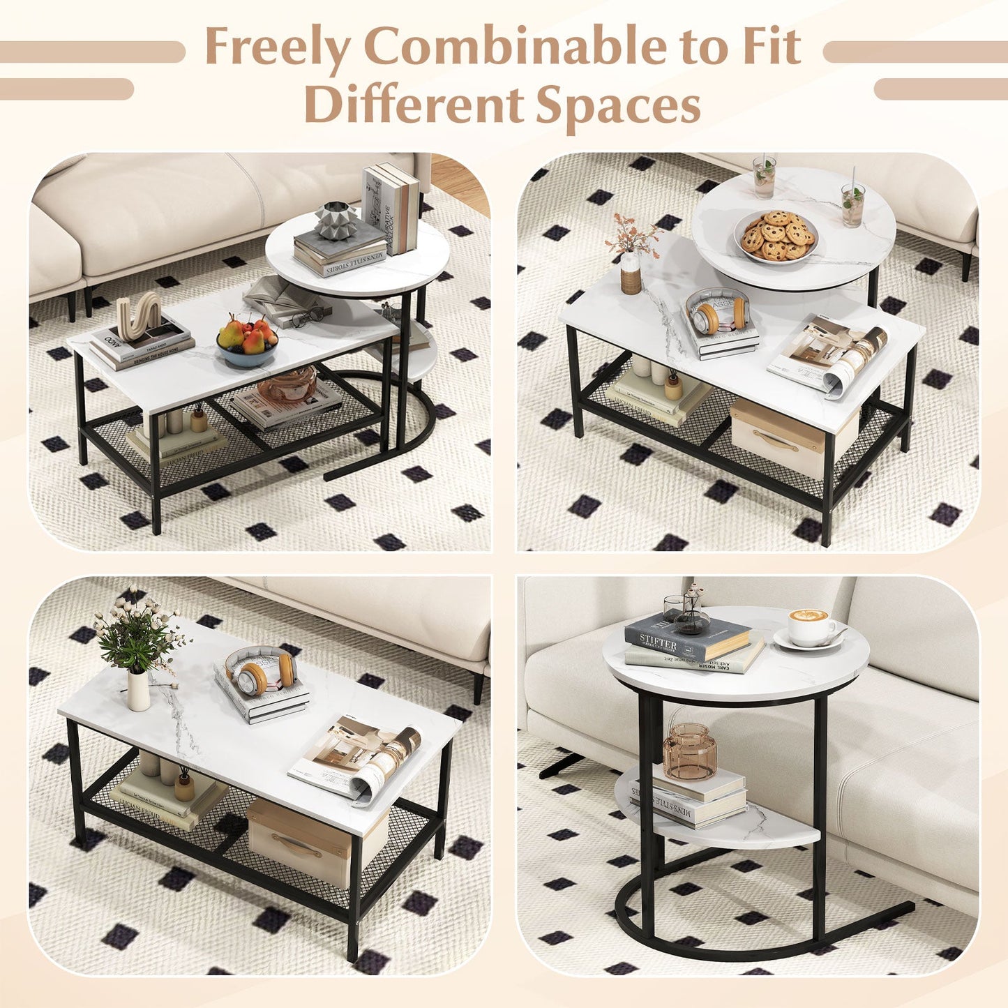 Coffee Table 2-Tier Rectangle Coffee Table and Side End Table with Storage Shelves