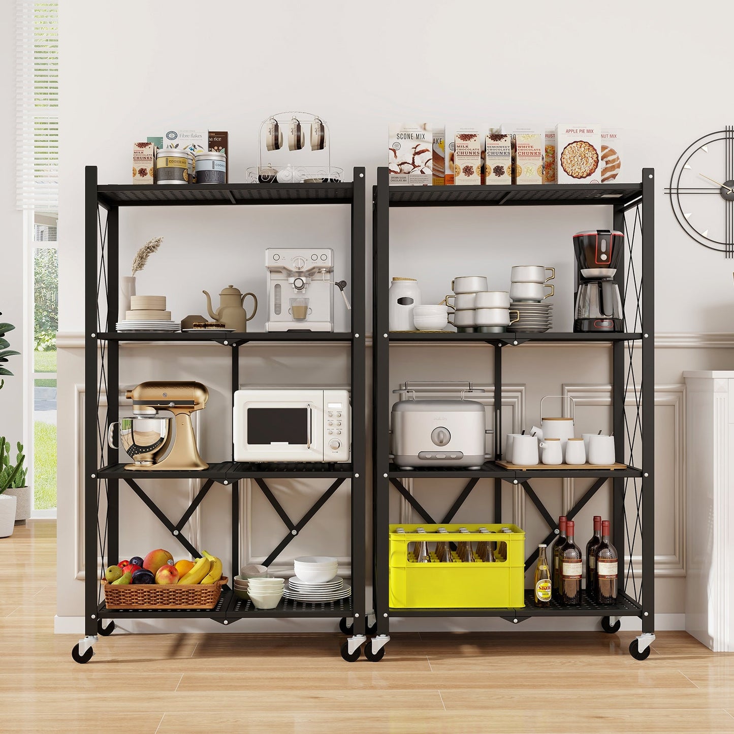 4-Tier Foldable Storage Shelf Collapsible Storage Rack with Lockable Wheels-Black