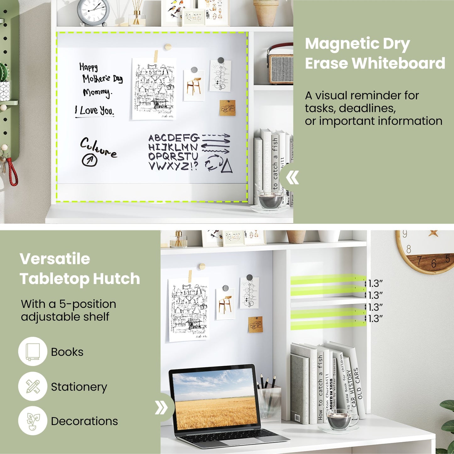 Compact Office Computer Desk with Hutch Magnetic Whiteboard-White