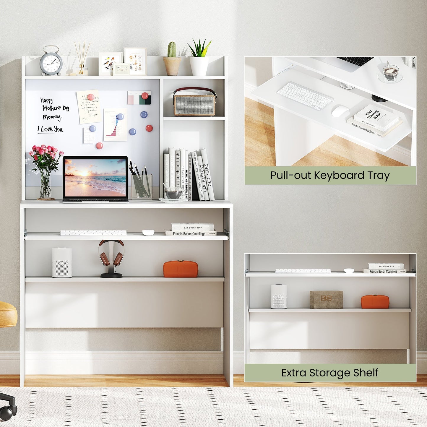 Compact Office Computer Desk with Hutch Magnetic Whiteboard-White