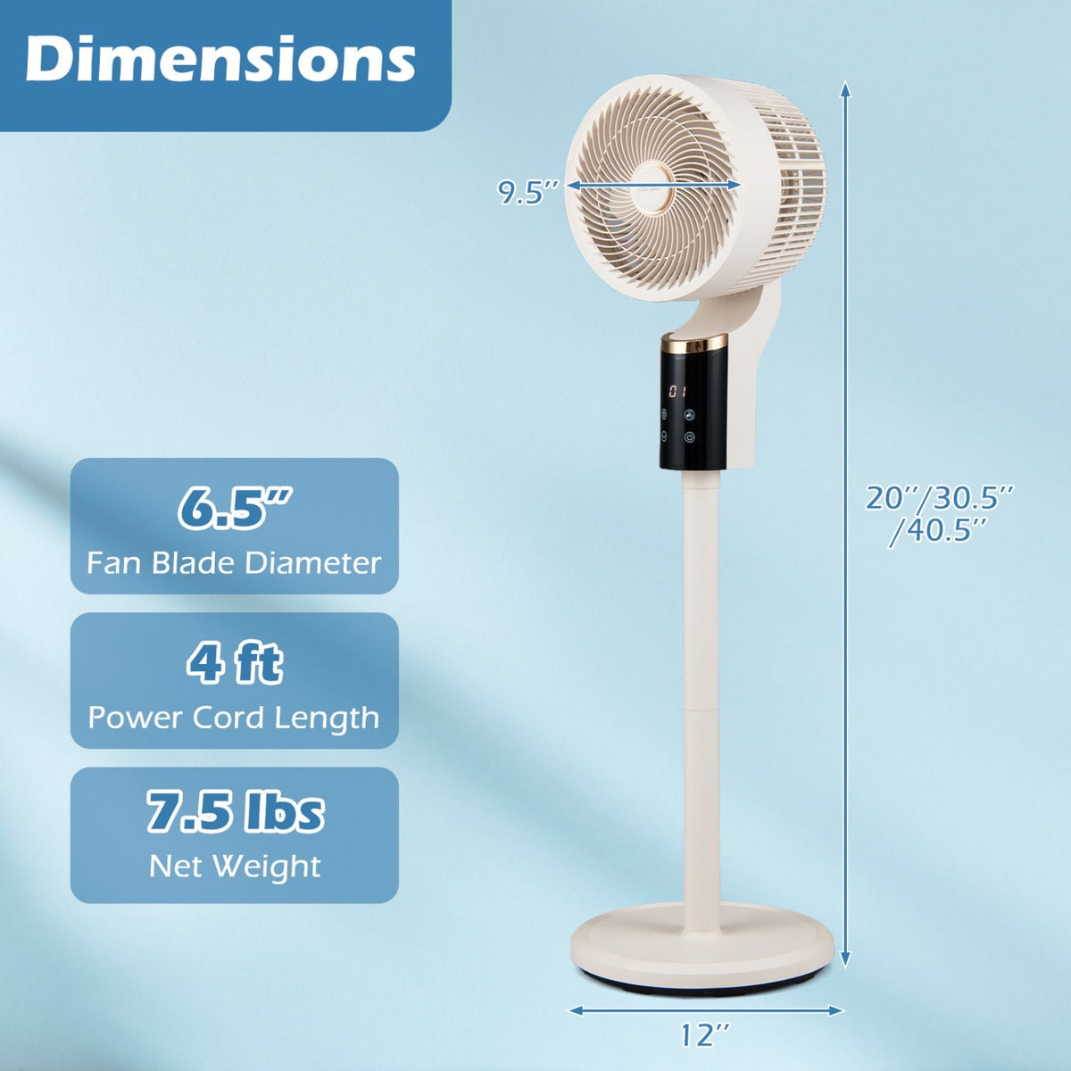 Compact Oscillating Standing Fan with 70° Oscillation and 90° Tilt for Home Office