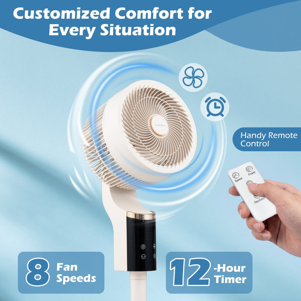 Compact Oscillating Standing Fan with 70° Oscillation and 90° Tilt for Home Office