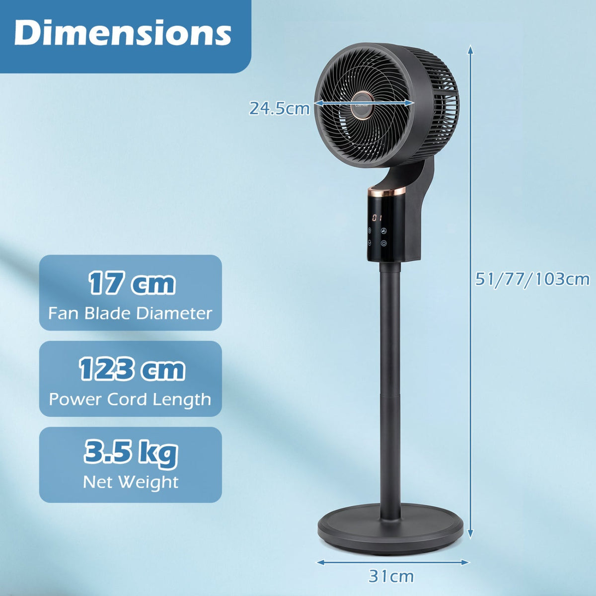 Compact Oscillating Standing Fan with 70° Oscillation and 90° Tilt for Home Office