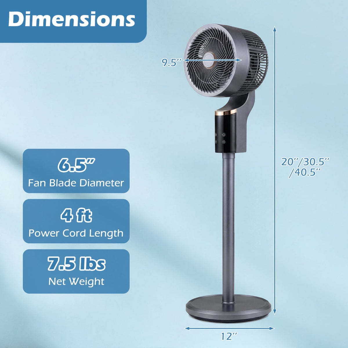 Compact Oscillating Standing Fan with 70° Oscillation and 90° Tilt for Home Office