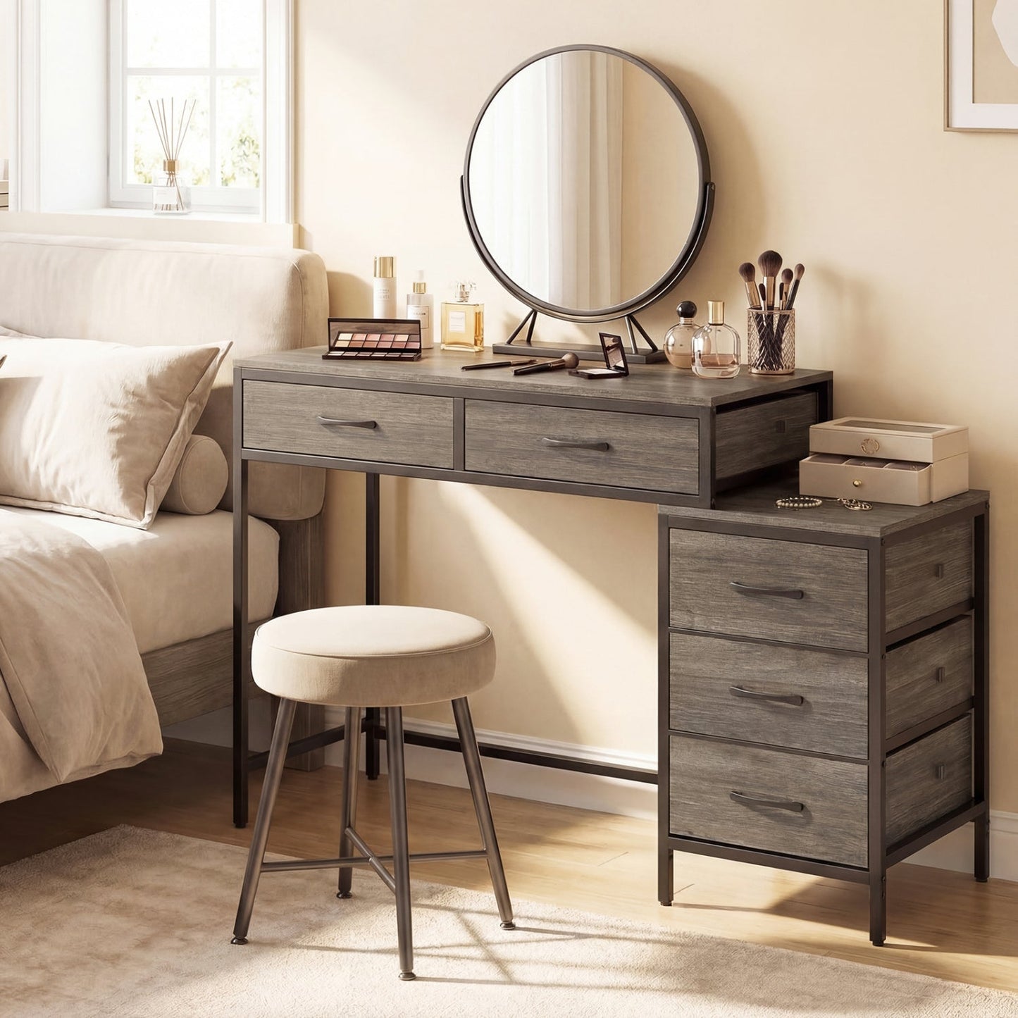 Computer Desk with 5 Drawers and Printer Stand for Bedroom and Small Spaces