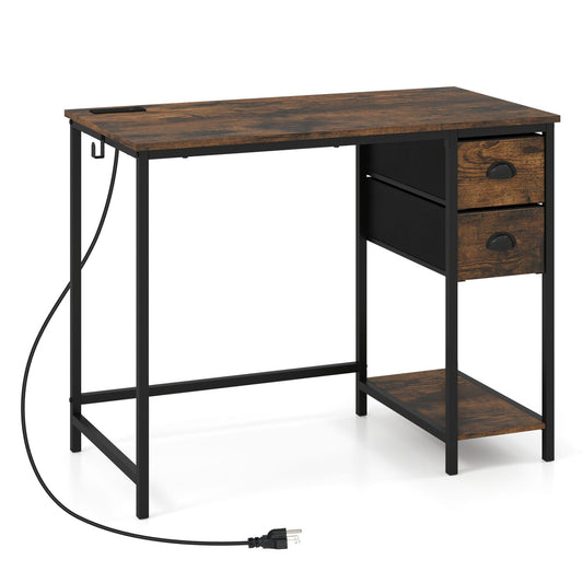 Computer Desk with Charging Station and 2 Fabric Drawers for Small Spaces