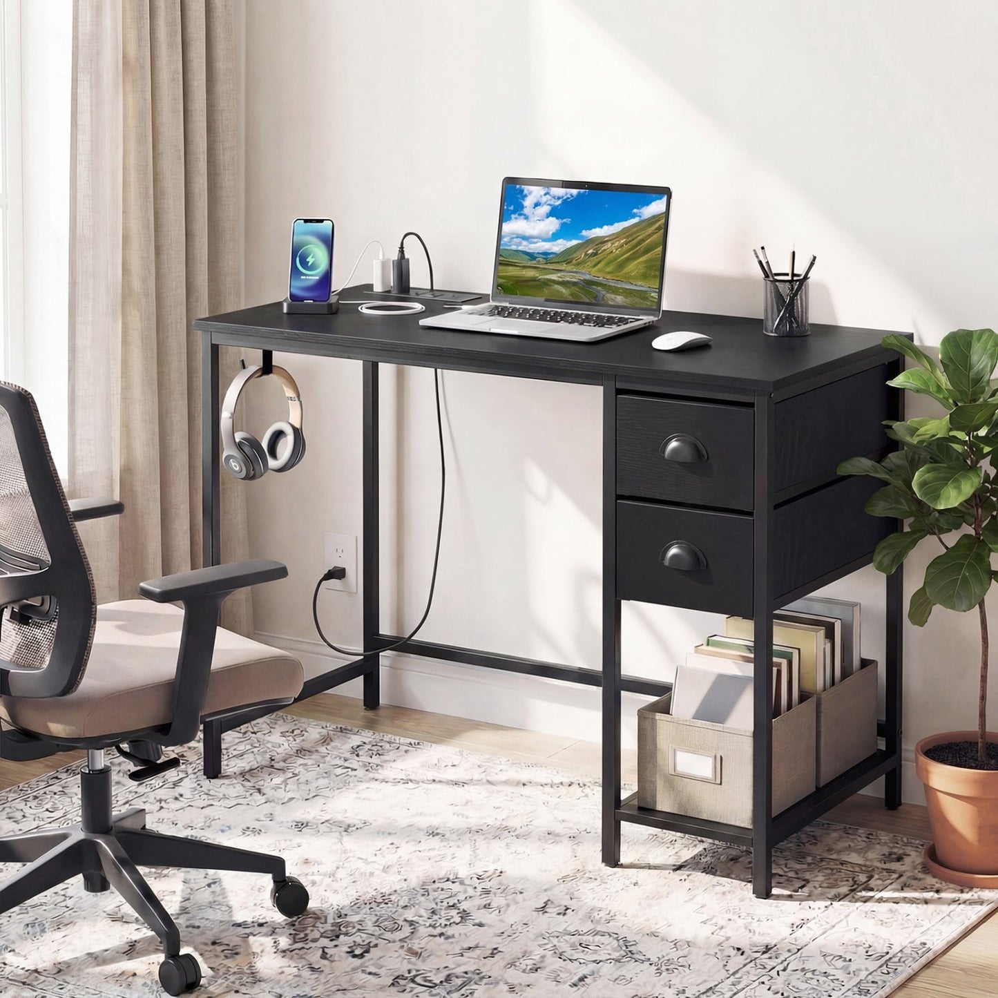 Computer Desk with Charging Station and 2 Fabric Drawers for Small Spaces