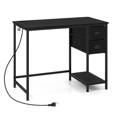 Computer Desk with Charging Station and 2 Fabric Drawers for Small Spaces