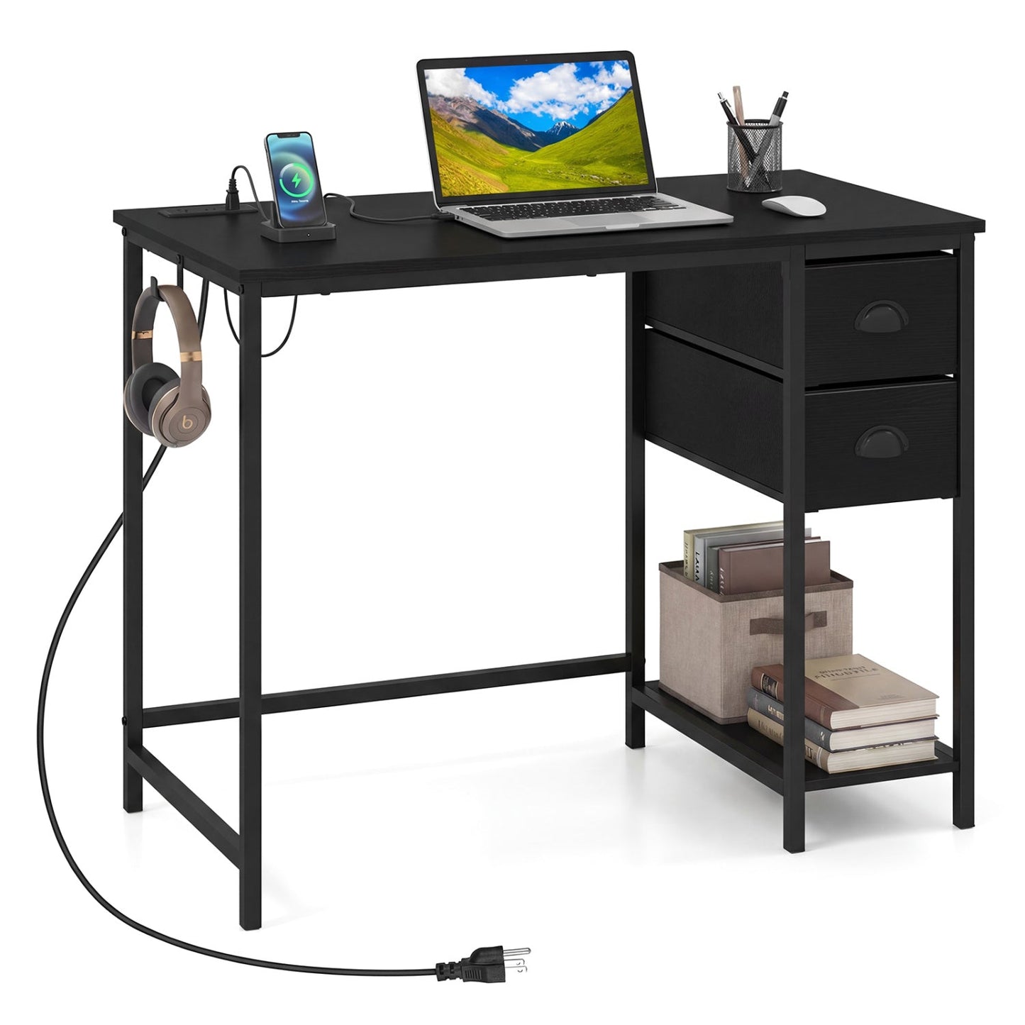 Computer Desk with Charging Station and 2 Fabric Drawers for Small Spaces