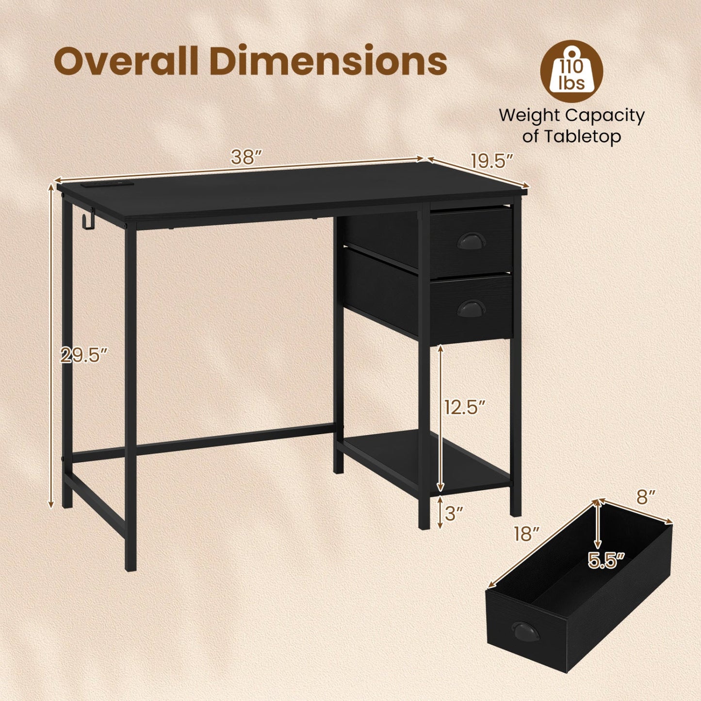 Computer Desk with Charging Station and 2 Fabric Drawers for Small Spaces