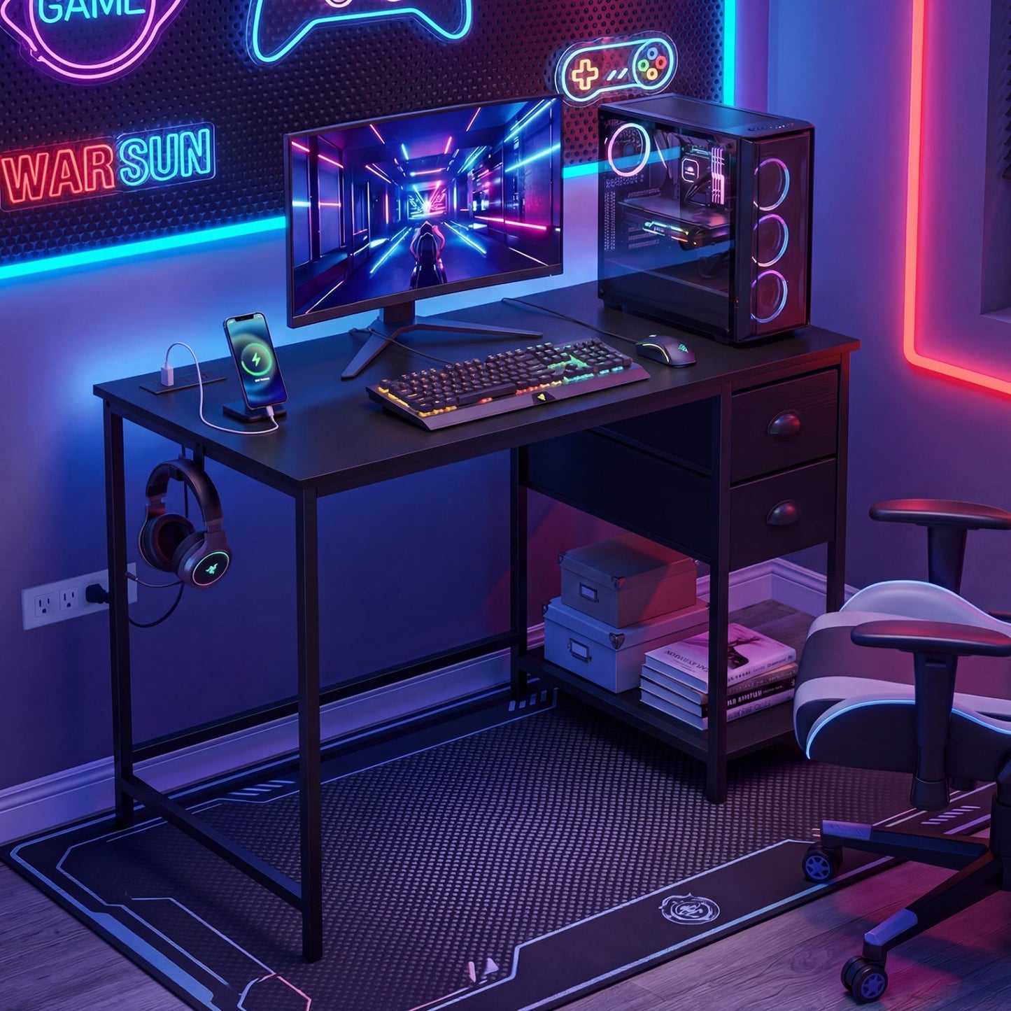 Computer Desk with Charging Station and 2 Fabric Drawers for Small Spaces