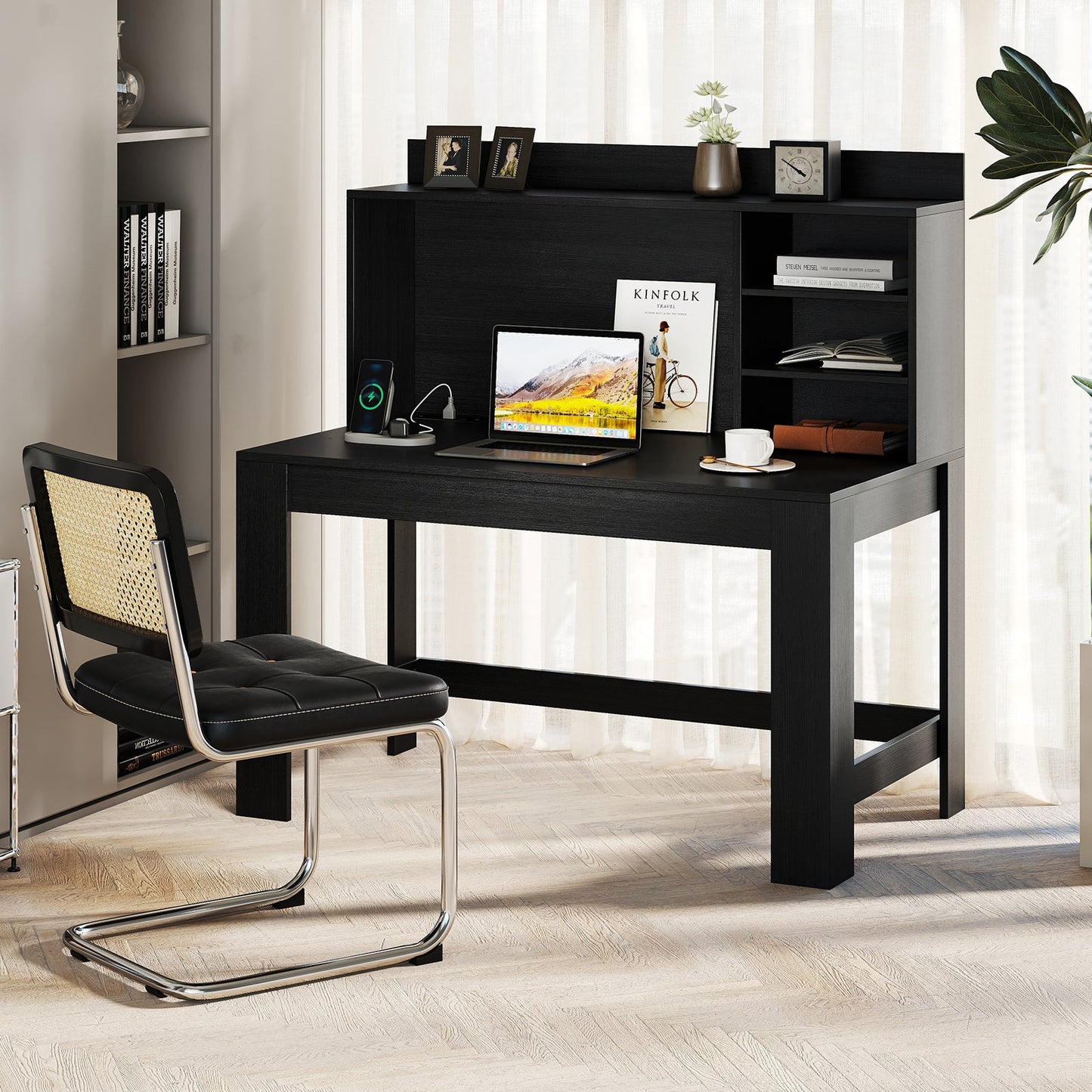 Modern Computer Desk with Hutch and Storage Shelves