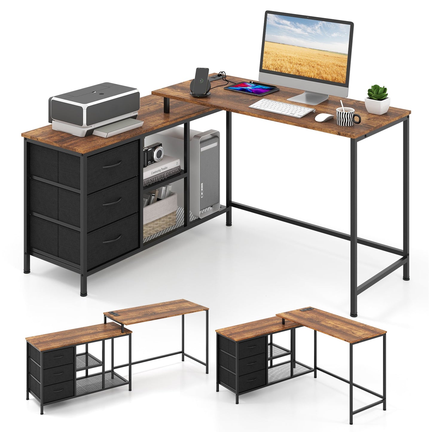 L-shaped Computer Desk with Power Outlet for Working Studying Gaming