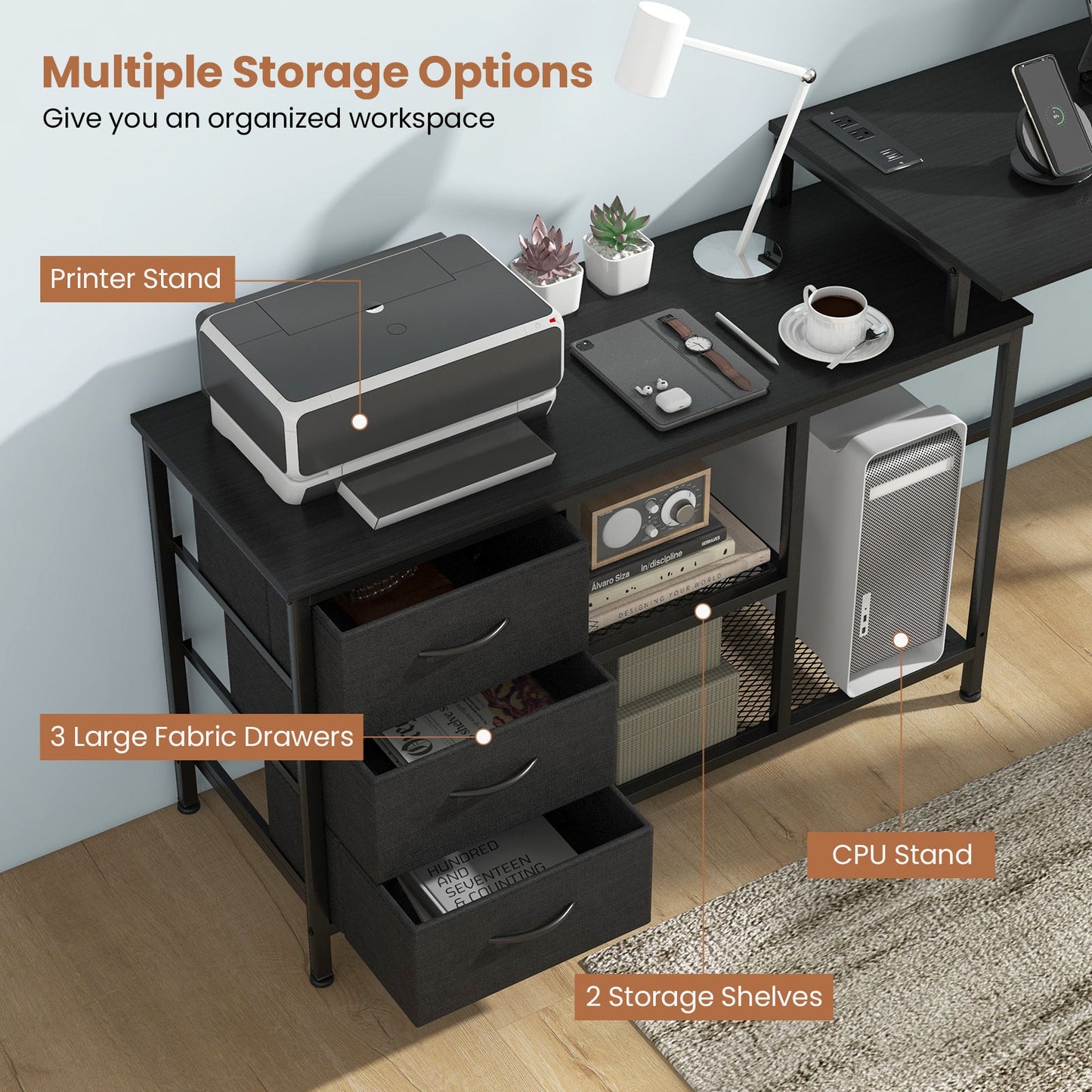 L-shaped Computer Desk with Power Outlet for Working Studying Gaming