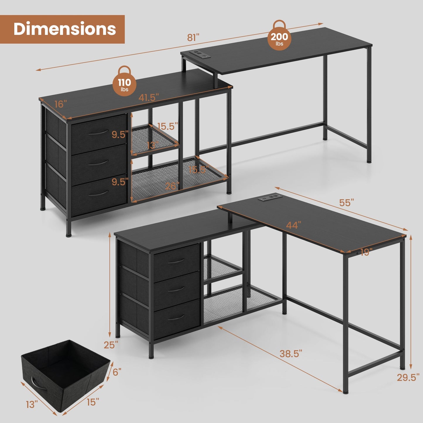 L-shaped Computer Desk with Power Outlet for Working Studying Gaming